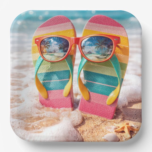 Sunglasses On Flip-flops In Beach Sand Paper Plate (Front)