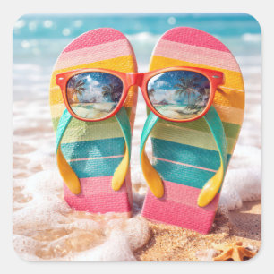 Sunglasses On Flip-flops In Beach Sand Square Sticker