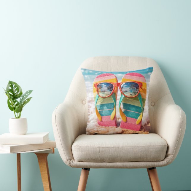 Sunglasses On Flip-flops In Beach Sand Throw Pillow (Chair)