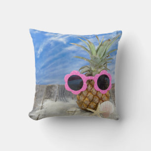 sunglasses on pineapple with seashells throw pillow