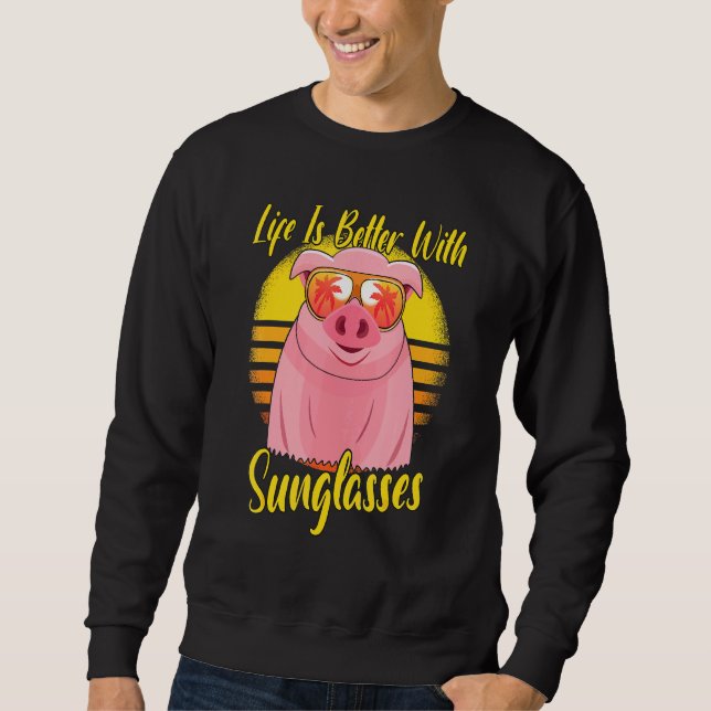 Sunglasses Retro Sunset Beach Vacation Pig Sweatshirt (Front)