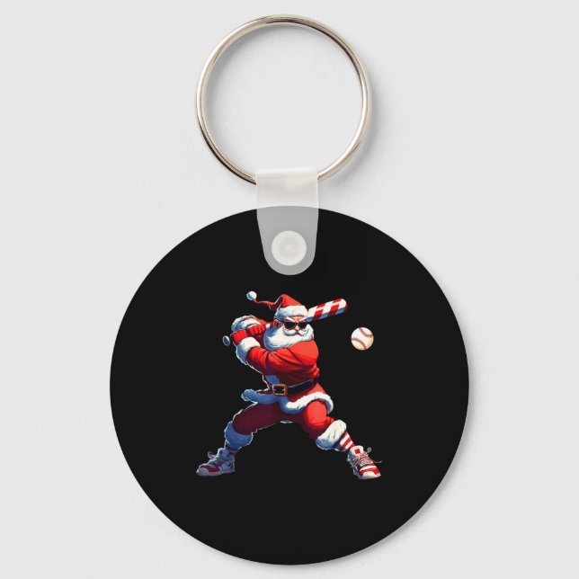 Sungles Santa Playing Baseball Christmas Pajamas X Keychain (Front)
