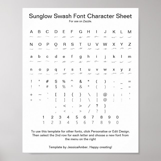 Sunglow Swash Font Character Sheet for Zazzle Poster (Front)
