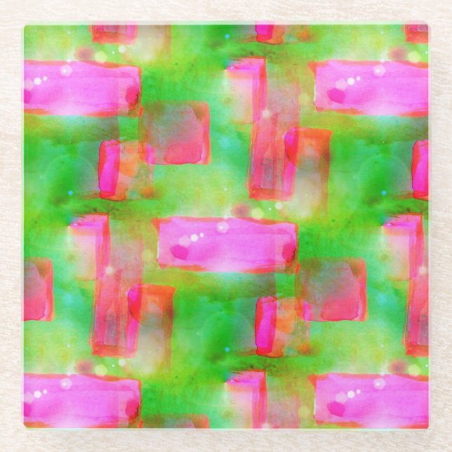 Sunlight abstract painted yellow, pink glass coaster (Front)