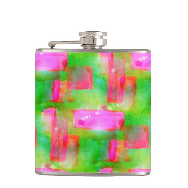 Sunlight abstract painted yellow, pink hip flask (Front)