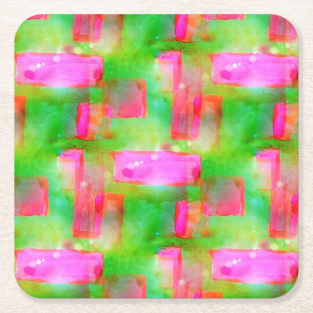 Sunlight abstract painted yellow, pink square paper coaster (Front)