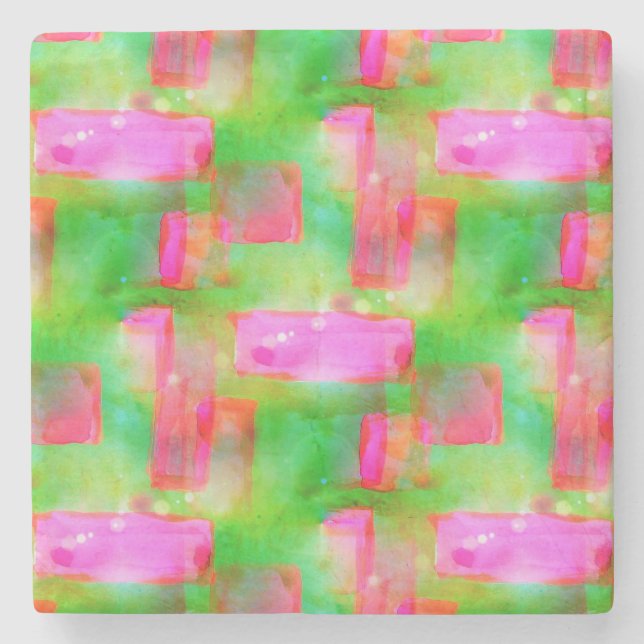 Sunlight abstract painted yellow, pink stone coaster (Front)