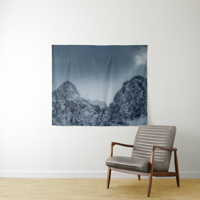 Sunlight and dark clouds over snowy mountains tapestry (In Situ (Horizontal))
