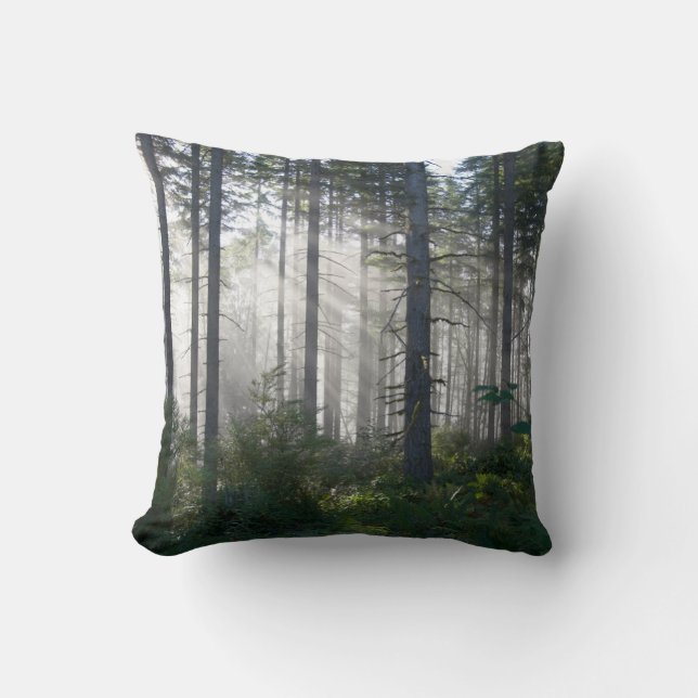 Sunlight Breaking Through a Misty Forest Throw Pillow (Front)