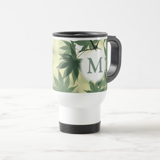 Sunlight Through Maple Leaves Nature Monogram Travel Mug (Front Right)