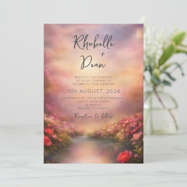 Sunlight whispers through flowers painting wedding invitation (Standing Front)
