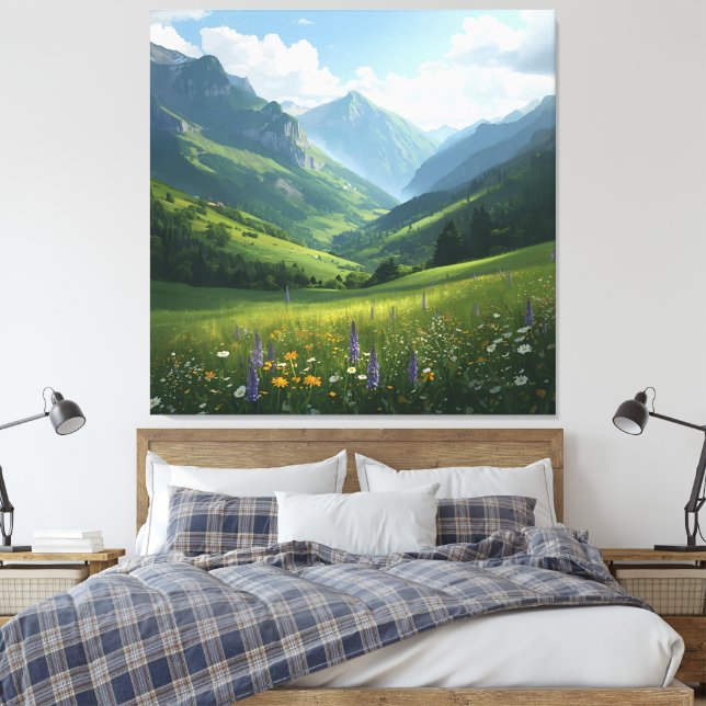 Sunlit Alpine Meadow – Scenic Mountain Canvas for  Print (Insitu(Bedroom))