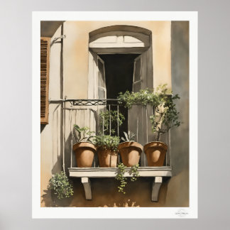 Sunlit Balcony with Flowers Oil Painting Print