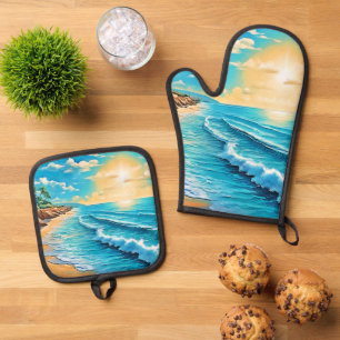Sunlit Beach Waves Design Oven Mitt & Pot Holder Set