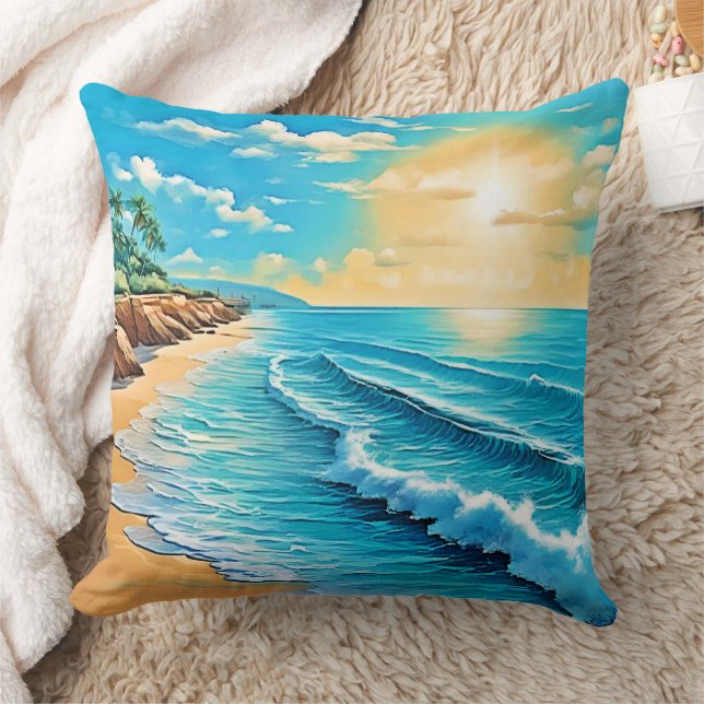 Sunlit Beach Waves Design  Throw Pillow (Blanket)