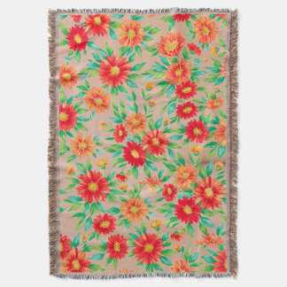 Sunlit Blooms" - Orange and Red Floral Woven Place Throw Blanket
