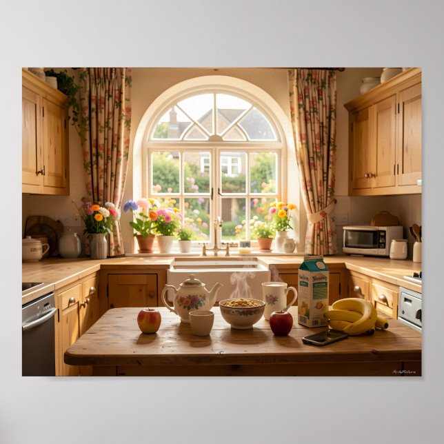 Sunlit Cottage Kitchen Breakfast Poster (Front)