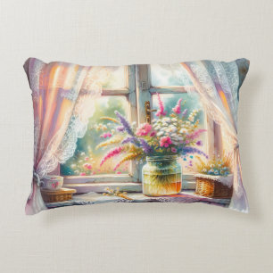 Sunlit Cottage Window Wildflowers Accent Pillow