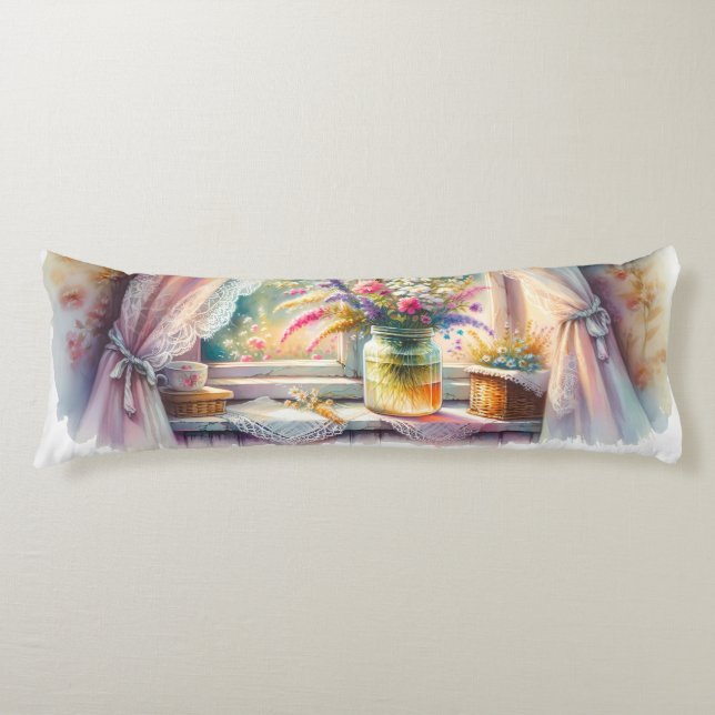 Sunlit Cottage Window Wildflowers Body Pillow (Front)