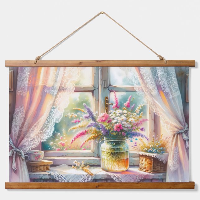 Sunlit Cottage Window Wildflowers Hanging Tapestry (Front)