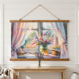 Sunlit Cottage Window Wildflowers Hanging Tapestry