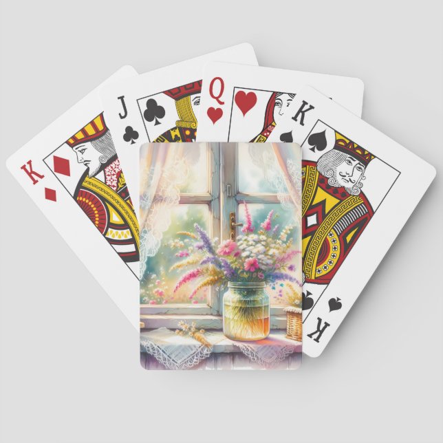 Sunlit Cottage Window Wildflowers Playing Cards (Back)