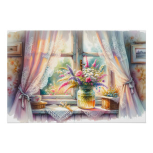 Sunlit Cottage Window Wildflowers Poster