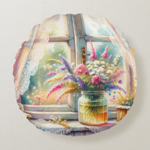 Sunlit Cottage Window Wildflowers Round Pillow