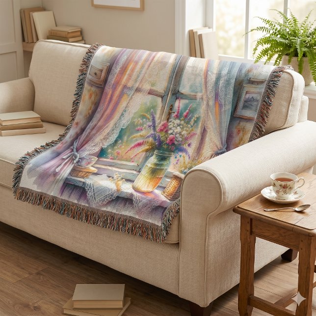 Sunlit Cottage Window Wildflowers Throw Blanket (Sunlit Cottage Window Wildflowers Throw Blanket)