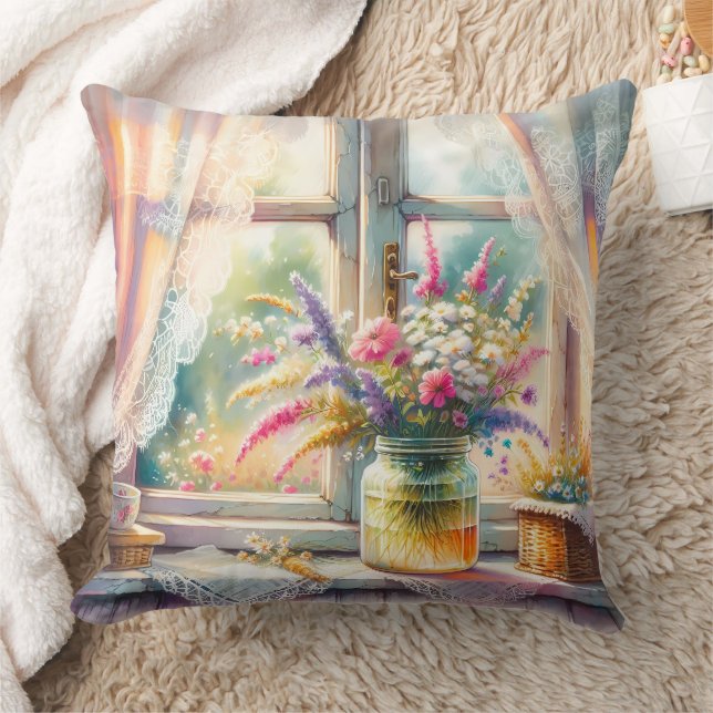 Sunlit Cottage Window Wildflowers Throw Pillow (Blanket)