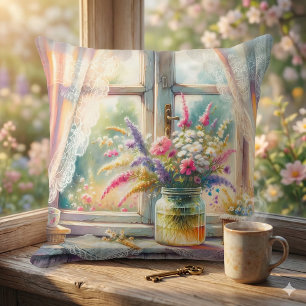 Sunlit Cottage Window Wildflowers Throw Pillow