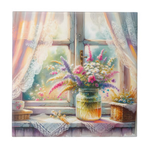 Sunlit Cottage Window Wildflowers Tile