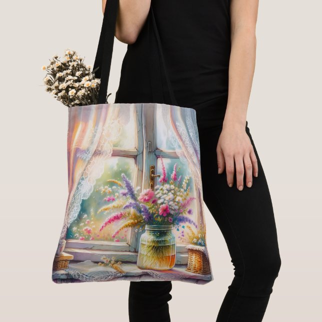 Sunlit Cottage Window Wildflowers Tote Bag (Close Up)