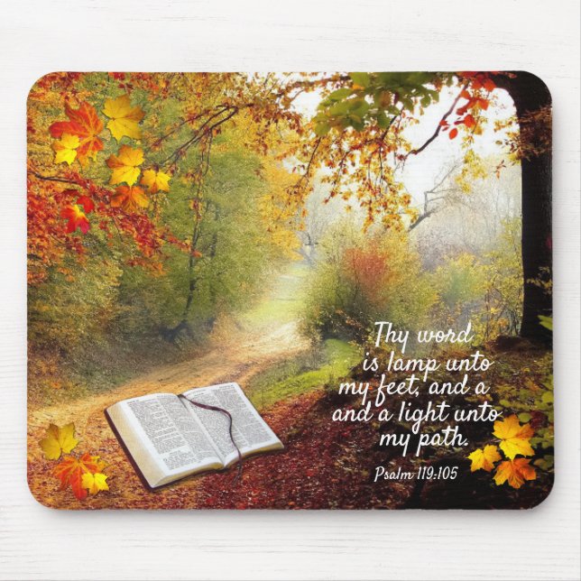 Sunlit Fall Pathway and Bible Mouse Pad (Front)