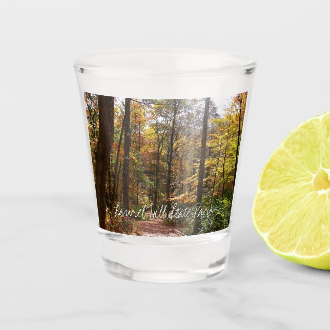 Sunlit Fall Trail in Laurel Hill State Park Shot Glass (Front)