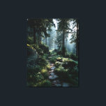 Sunlit Forest Path Through Ancient Pines Canvas Print<br><div class="desc">Golden sunlight pours through towering evergreen canopies, illuminating a winding stone path blanketed in soft moss and scattered rocks. Mist drifts gently among ferns and tree trunks, diffusing the warm rays into a dreamy, almost sacred glow. The composition radiates profound calm, timeless solitude, gentle renewal, the quiet magic of untouched...</div>