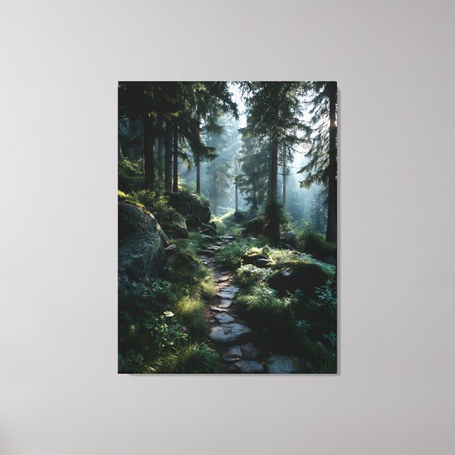 Sunlit Forest Path Through Ancient Pines Canvas Print (Front)