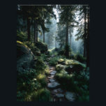 Sunlit Forest Path Through Ancient Pines Photo Print<br><div class="desc">Golden sunlight pours through towering evergreen canopies, illuminating a winding stone path blanketed in soft moss and scattered rocks. Mist drifts gently among ferns and tree trunks, diffusing the warm rays into a dreamy, almost sacred glow. The composition radiates profound calm, timeless solitude, gentle renewal, the quiet magic of untouched...</div>