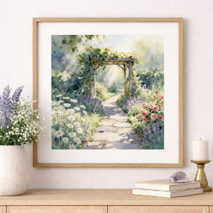 Sunlit Garden Path with Rose Trellis Poster