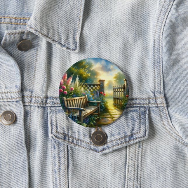 Sunlit Garden Pathway Gate Scene 3 Inch Round Button (In Situ)