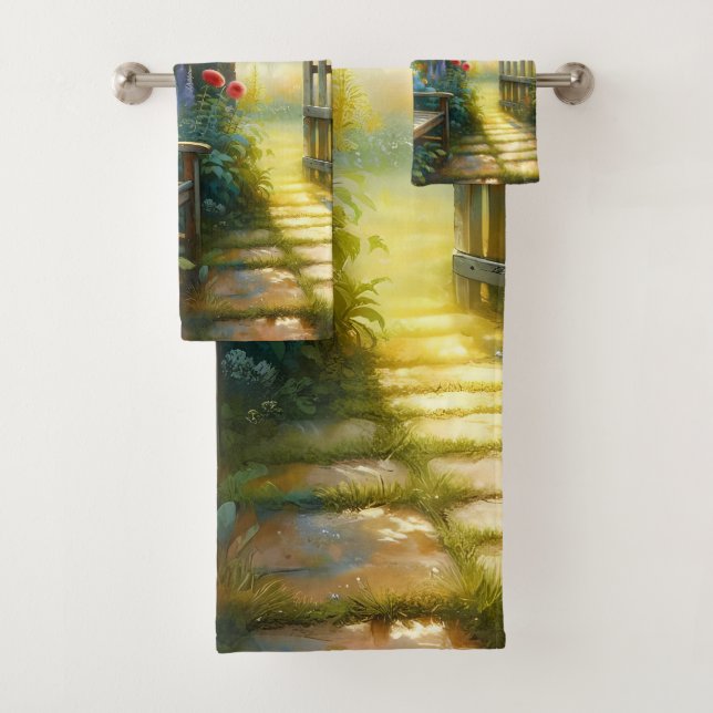 Sunlit Garden Pathway Gate Scene Bath Towel Set (Insitu)