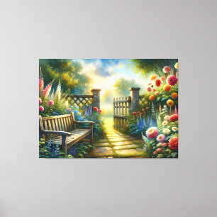 Sunlit Garden Pathway Gate Scene Canvas Print