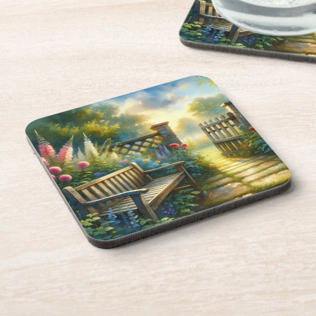 Sunlit Garden Pathway Gate Scene Coaster (Left Side)