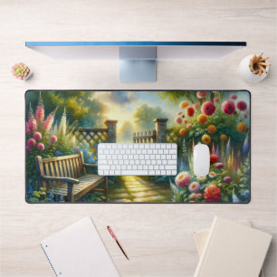 Sunlit Garden Pathway Gate Scene Desk Mat