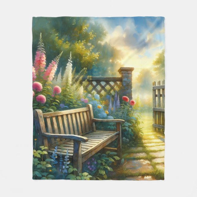 Sunlit Garden Pathway Gate Scene Fleece Blanket (Front)