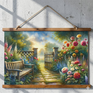 Sunlit Garden Pathway Gate Scene Hanging Tapestry