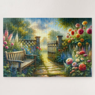Sunlit Garden Pathway Gate Scene Jigsaw Puzzle