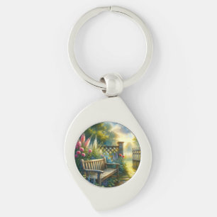 Sunlit Garden Pathway Gate Scene Keychain