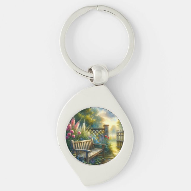 Sunlit Garden Pathway Gate Scene Keychain (Front)