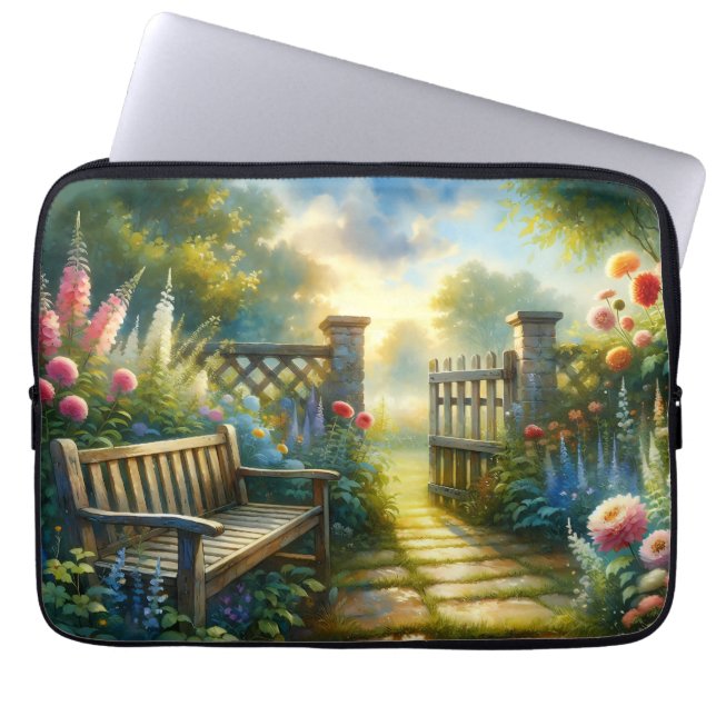 Sunlit Garden Pathway Gate Scene Laptop Sleeve (Front)